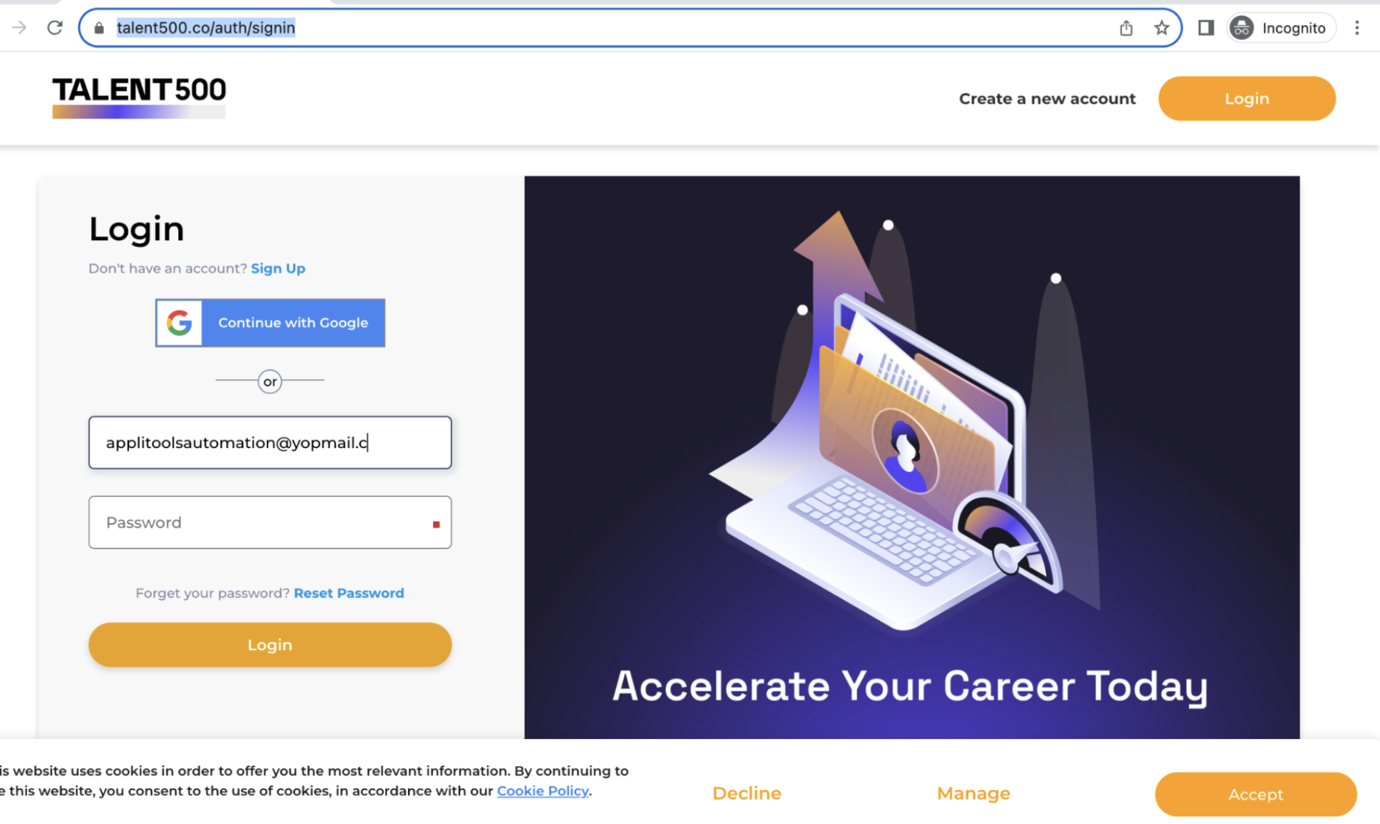 Talent500 Sign in Page
