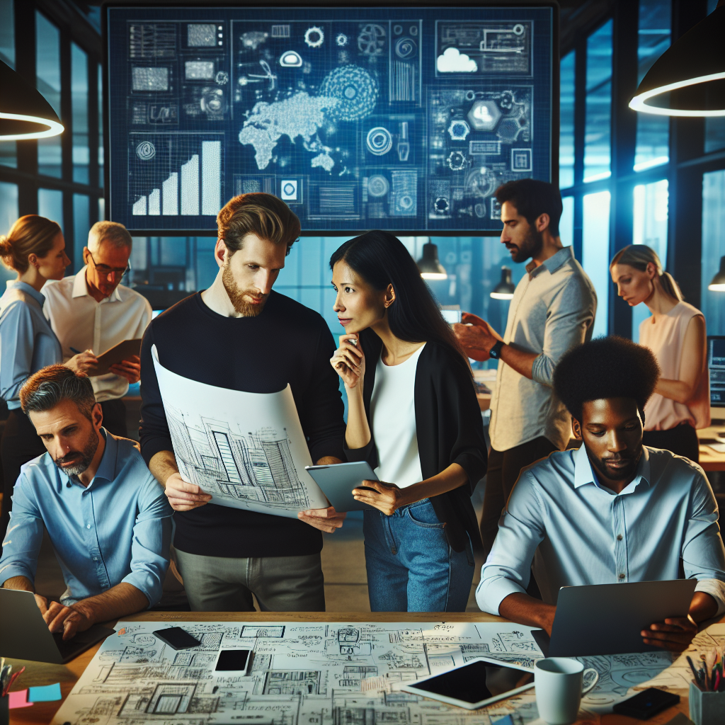 Diverse tech professionals collaborating in a modern Global Capability Centre (GCC) environment, discussing emerging skills like AI and data analytics.