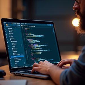 Fullstack developer working on laptop, coding both frontend and backend