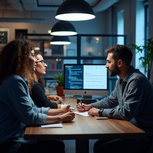 Modern full-stack designer collaborating with a tech team on digital project