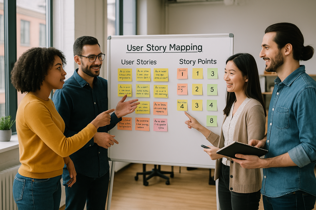 Agile team discussing user story mapping and story point estimation