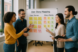 Agile team discussing user story mapping and story point estimation