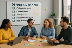 Agile team reviewing Definition of Done checklist for project tasks