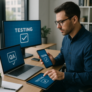 Quality assurance engineer testing online gambling software on multiple devices