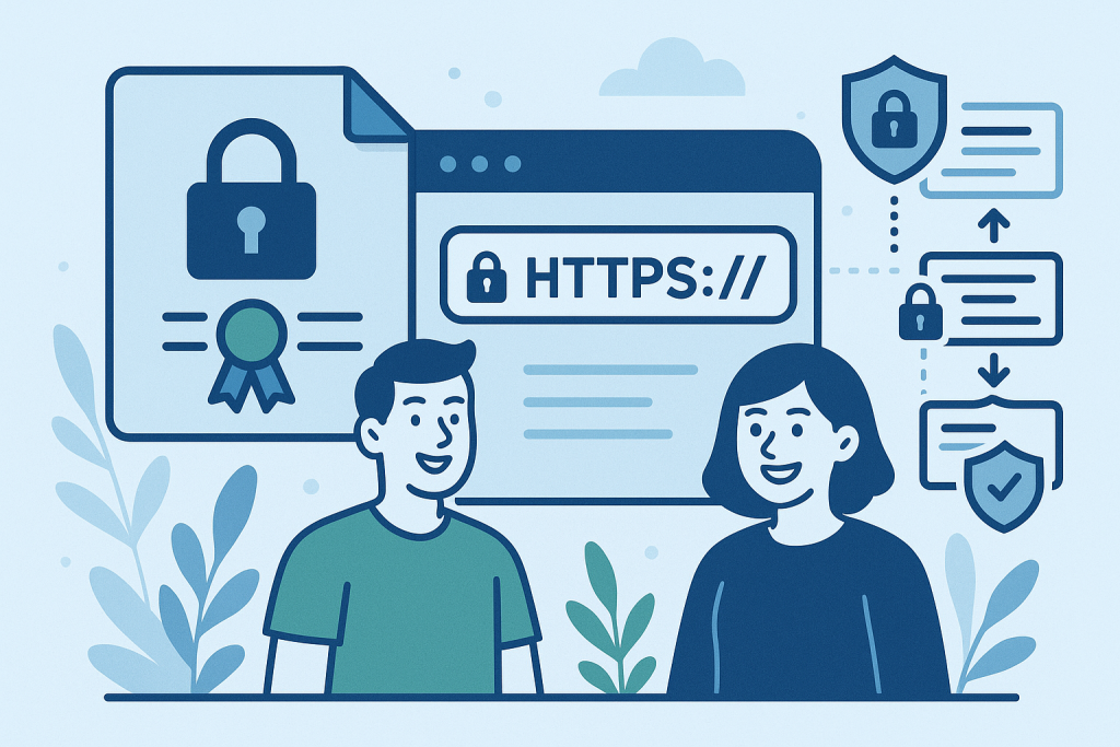 Illustration of SSL/TLS certificate securing website data and user trust