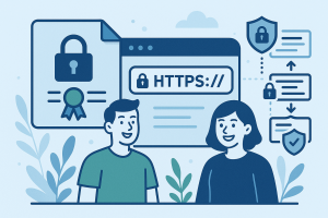 Illustration of SSL/TLS certificate securing website data and user trust
