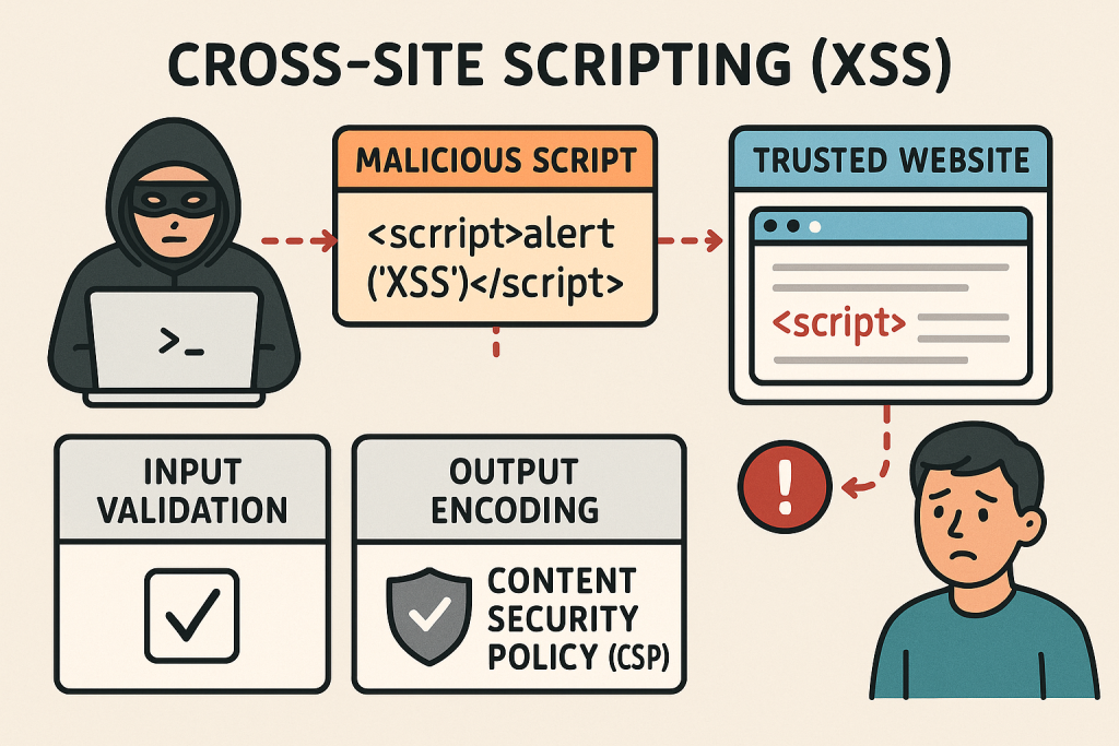Illustration explaining cross-site scripting (XSS) attacks and prevention