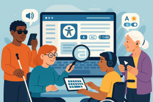 Illustration showing diverse users accessing a website with assistive technologies, highlighting digital accessibility and inclusive web design.
