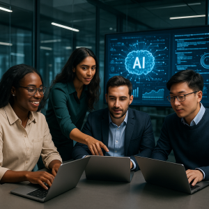 Modern business team collaborating on AI engineering solutions
