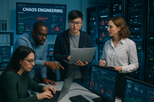 Engineers conducting a chaos engineering experiment to test system resilience