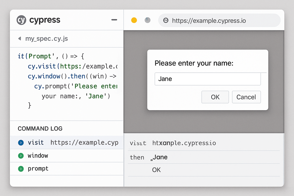 Cypress app interface showing cy.prompt command steps for automated browser testing