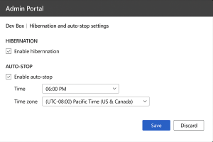 Admin portal screenshot showing Dev Box hibernation and auto-stop settings