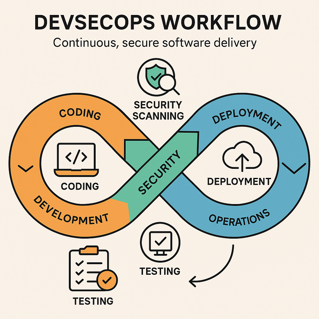 Illustration of DevSecOps workflow integrating development, security, and operations for continuous, secure software delivery