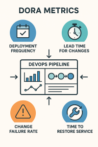 Infographic showing the four DORA metrics—Deployment Frequency, Lead Time for Changes, Change Failure Rate, and Time to Restore Service—connected to a DevOps pipeline dashboard.