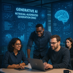 Engineers collaborating on GenAI and RAG solutions with data visualizations