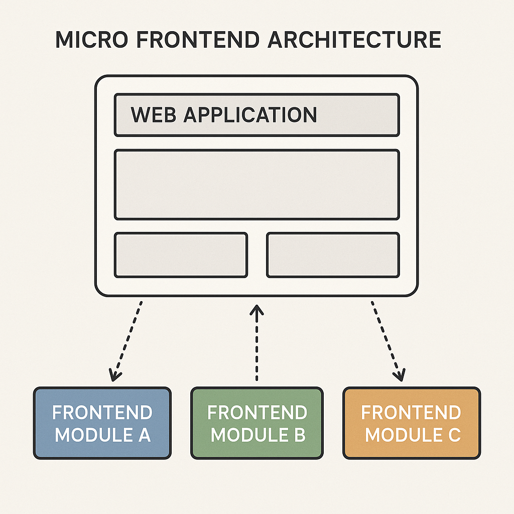 Diagram illustrating micro frontend architecture with independent modules integrated into a single web application.