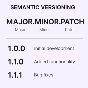 Diagram illustrating semantic versioning structure with major, minor, and patch segments, including examples of version tags and their meanings.