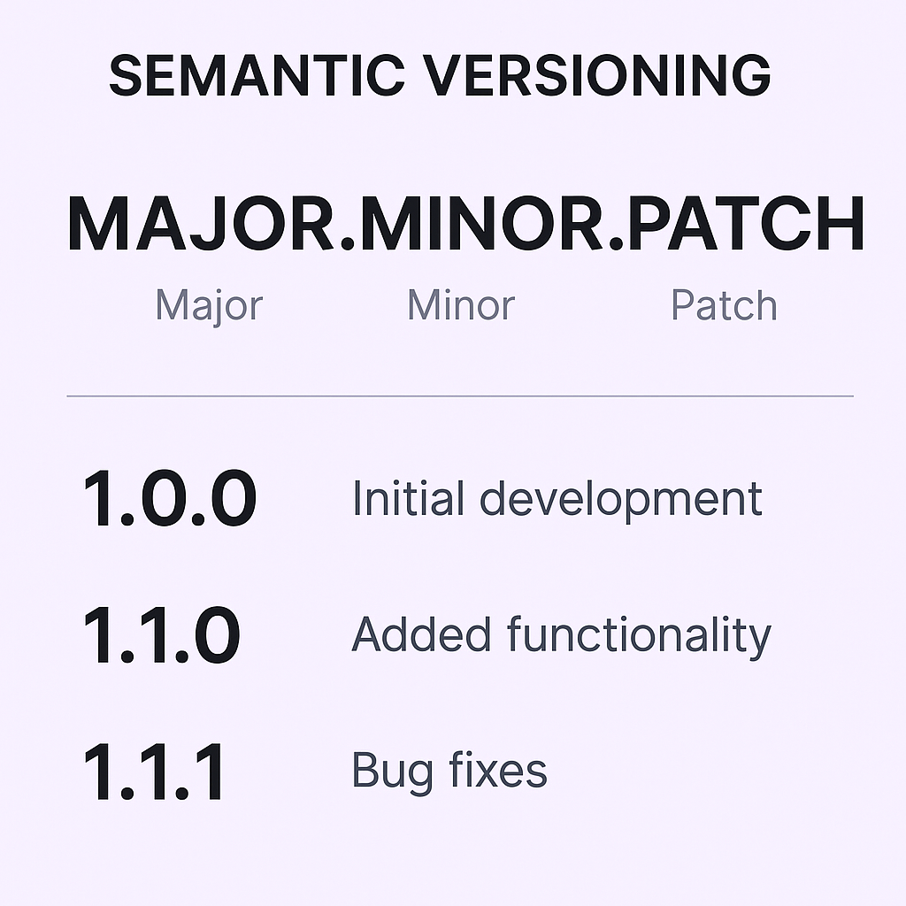 Diagram illustrating semantic versioning structure with major, minor, and patch segments, including examples of version tags and their meanings.