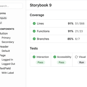 Storybook 9 interface showing frontend test coverage and component stories