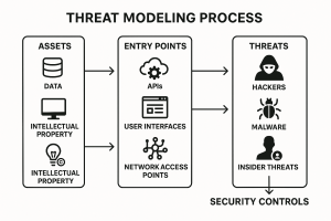 Diagram illustrating threat modeling process in cybersecurity, showing assets, entry points, threats, and security controls.