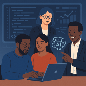 Illustration of diverse professionals collaborating on code with AI assistance.