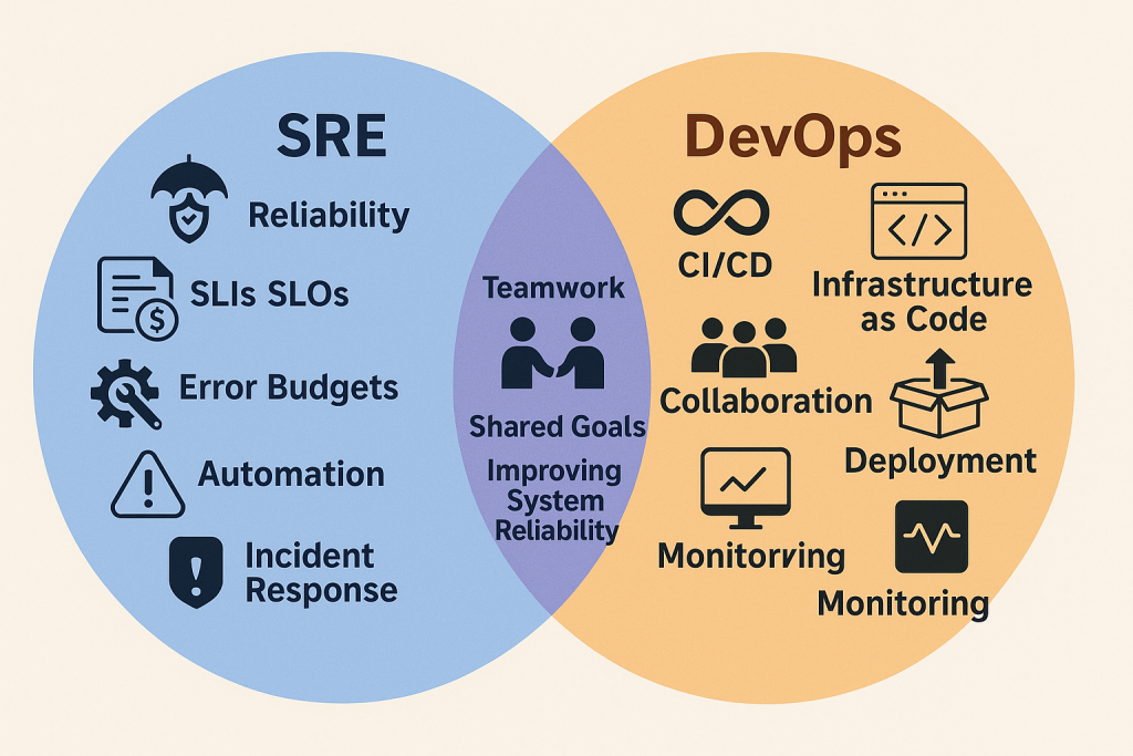 Illustration comparing SRE and DevOps roles, highlighting their key differences and synergy