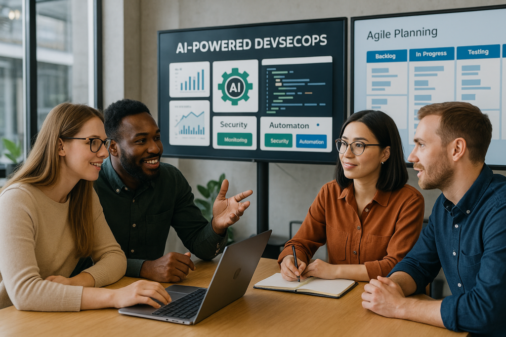 Team collaborating with AI-powered DevSecOps tools for agile planning
