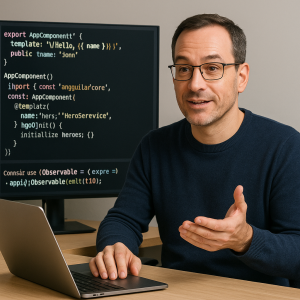 Illustration of an experienced developer answering advanced Angular interview questions.