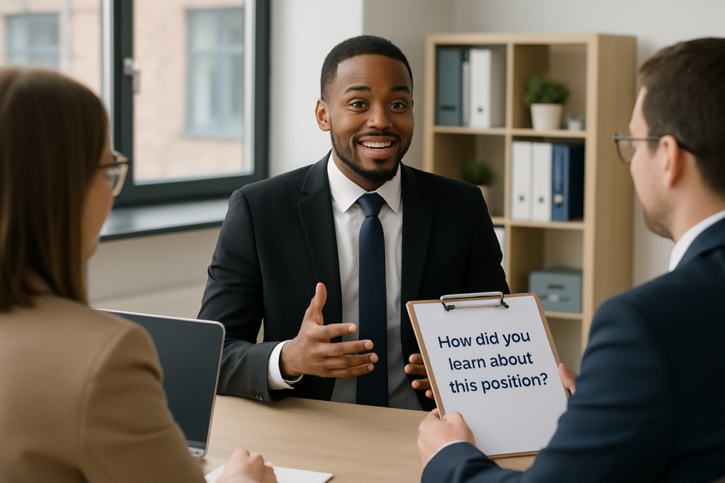 Job candidate confidently answering interview question about how they learned about a job position.