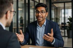 Confident candidate explaining five-year career plan during a tech interview
