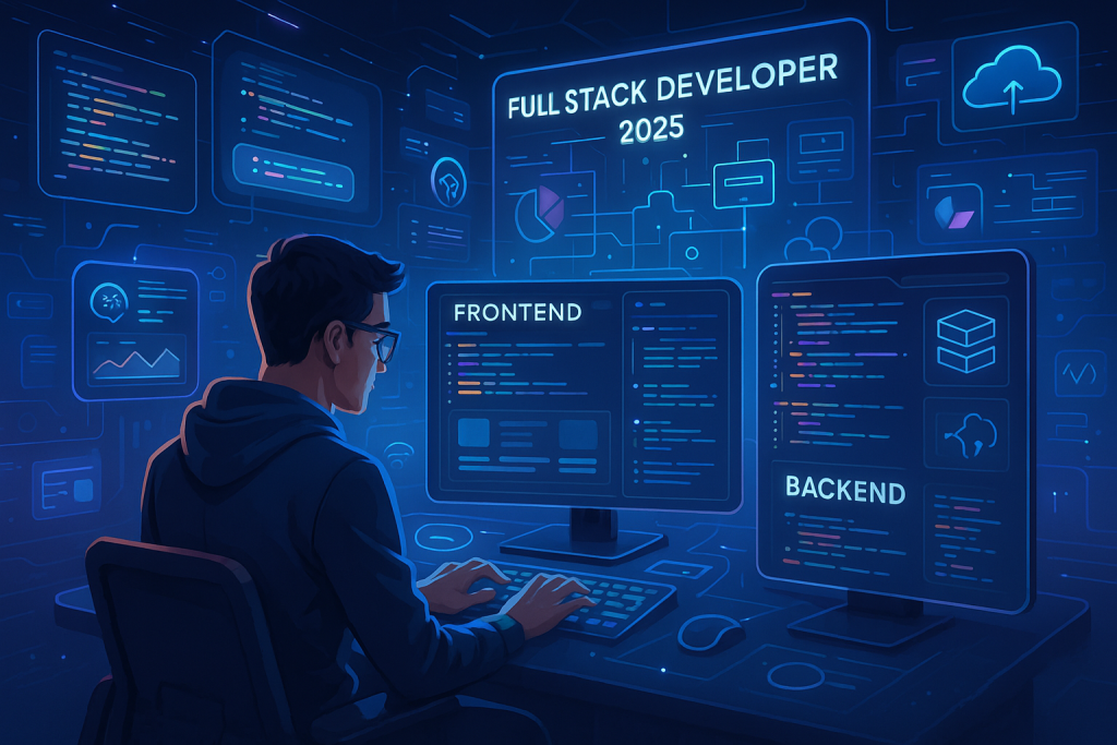 Illustration of a full stack developer working with frontend and backend technologies in 2025