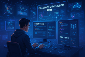 Illustration of a full stack developer working with frontend and backend technologies in 2025