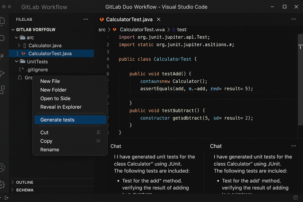 GitLab Duo Workflow interface showing automated Java unit test generation in Visual Studio Code