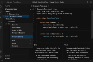 GitLab Duo Workflow interface showing automated Java unit test generation in Visual Studio Code