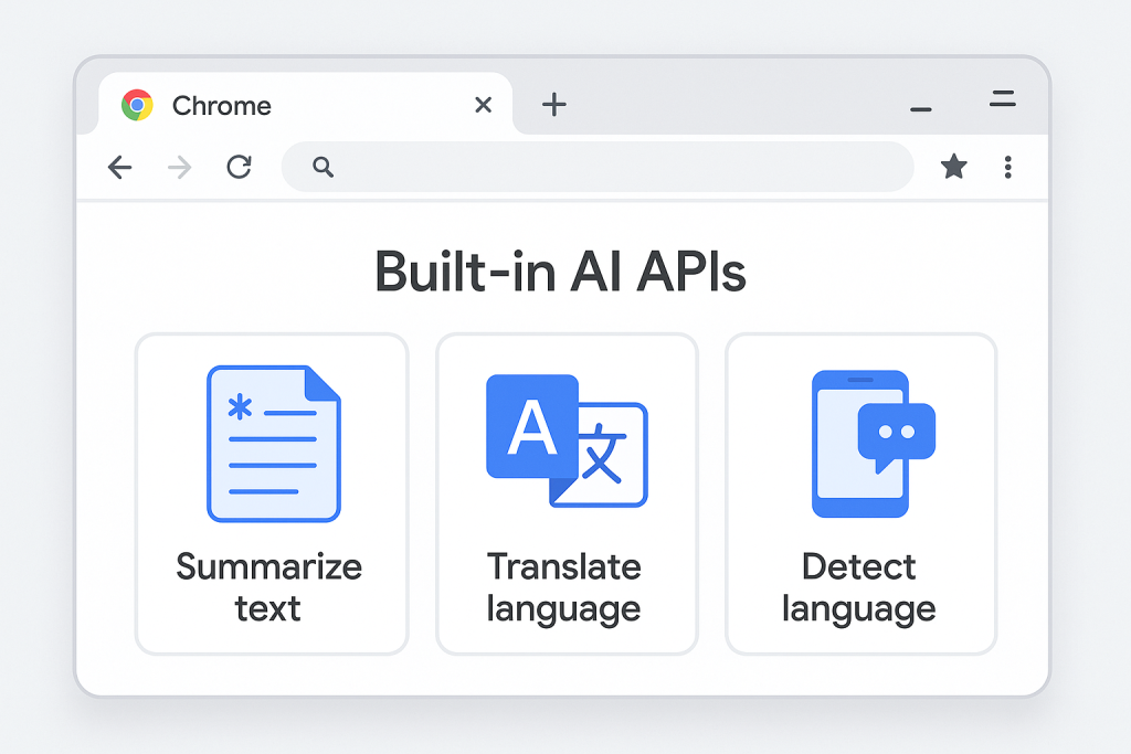 Illustration of Chrome browser utilizing built-in AI APIs for summarizing, translating, and detecting language on-device.