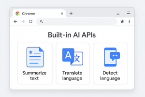Illustration of Chrome browser utilizing built-in AI APIs for summarizing, translating, and detecting language on-device.