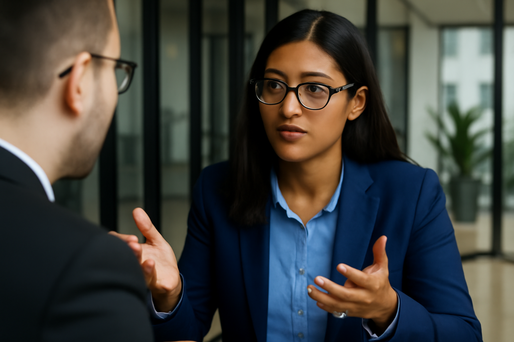female Job candidate thoughtfully discussing her biggest weakness during a tech interview to a hiring manager.