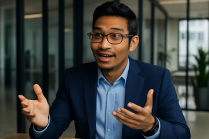 Confident tech candidate explaining leadership style during a job interview