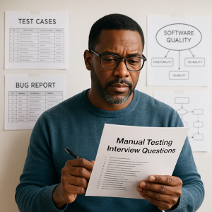Experienced QA professional reviewing manual testing interview questions, with test cases, bug reports, and software quality diagrams in the background.