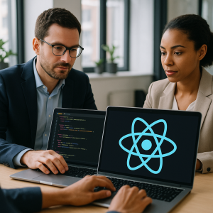 Two developers collaborating on React.js code, symbolizing quality and decision-making in outsourcing