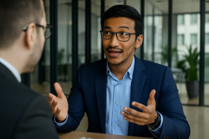 Tech candidate confidently describing preferred work environment during an interview