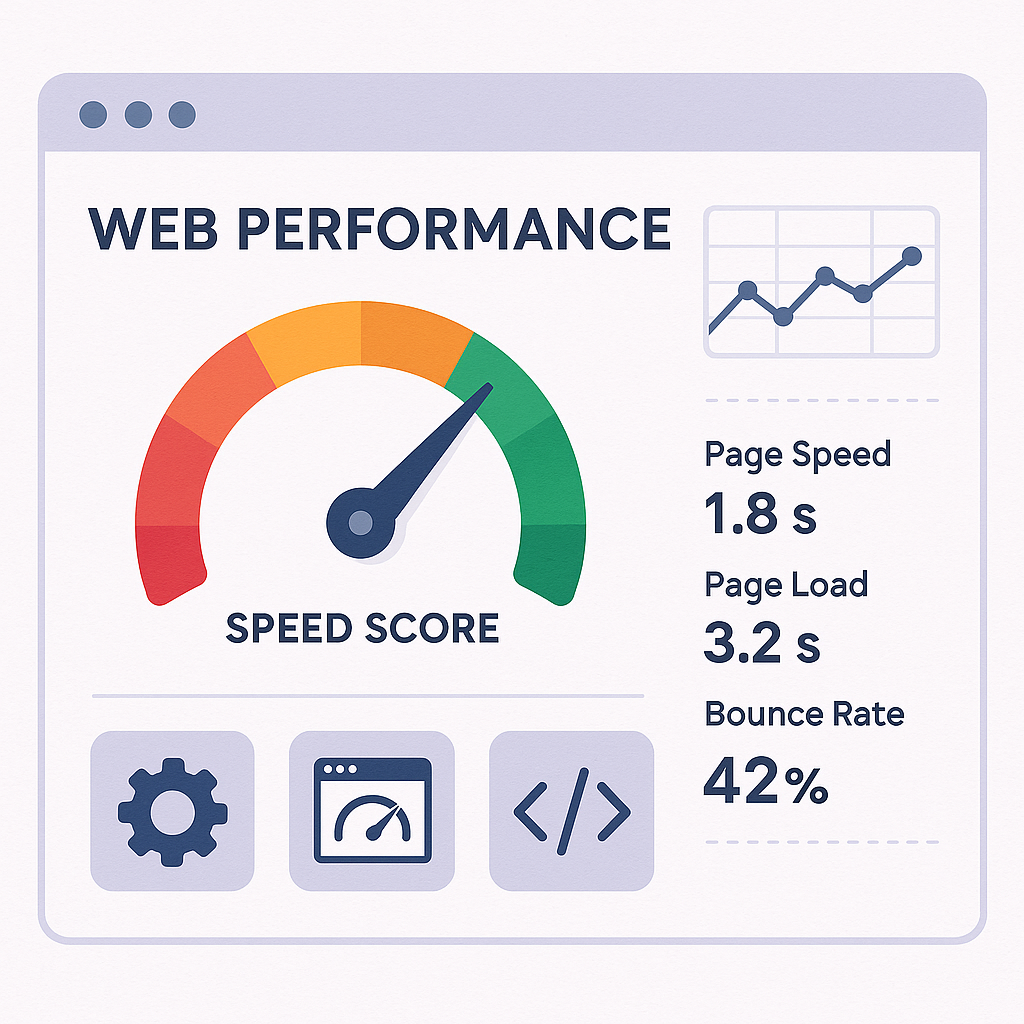 Illustration of a web performance dashboard with speed metrics and optimization icons