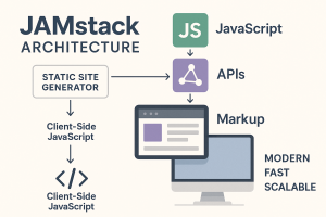 Illustration of JAMstack architecture showing JavaScript, APIs, and Markup powering a modern, fast, and scalable web development workflow