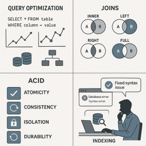 Collage of SQL interview concepts: query optimization, JOIN types, indexing, ACID properties, and real-world database troubleshooting for professionals