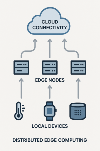 Illustration of a distributed edge computing network with local devices, sensors, and cloud connectivity