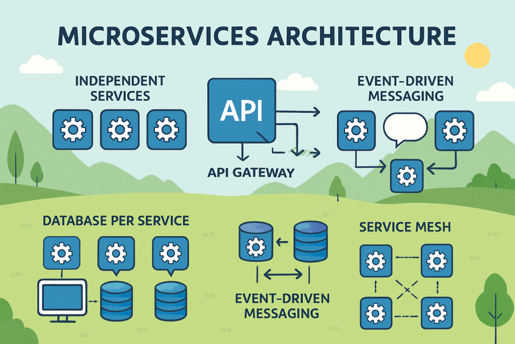 Infographic showing microservices architecture concepts: independent services, API gateway, database per service, event-driven messaging, and service mesh technologies