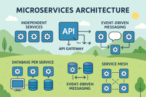 Infographic showing microservices architecture concepts: independent services, API gateway, database per service, event-driven messaging, and service mesh technologies
