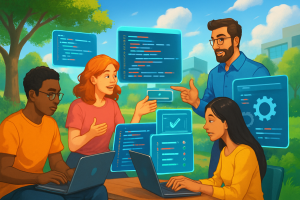 Developers collaborating with AI tools for coding and testing efficiency