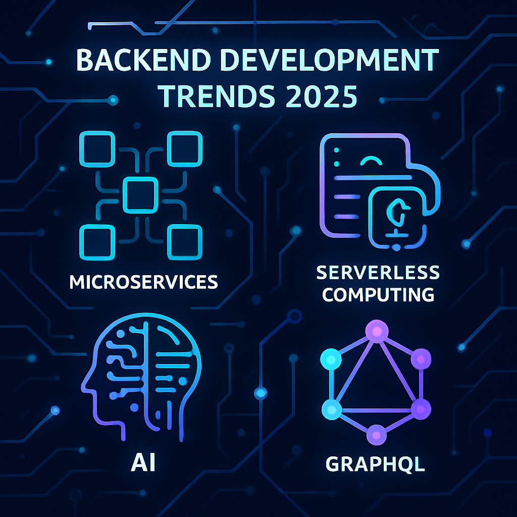 Backend development trends in 2025 including microservices, serverless computing, AI, and GraphQL
