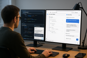 Developer using Nanobrowser AI chat panel to automate browser workflows on Chrome and Edge